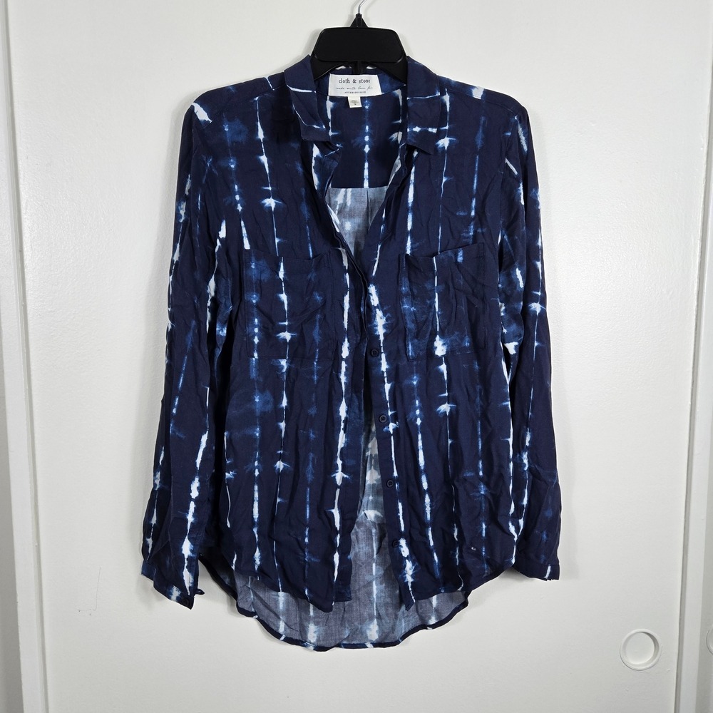 Anthropologie Cloth & Stone Robyn Navy White Tie-Dye Long Sleeve Button Shirt Sm